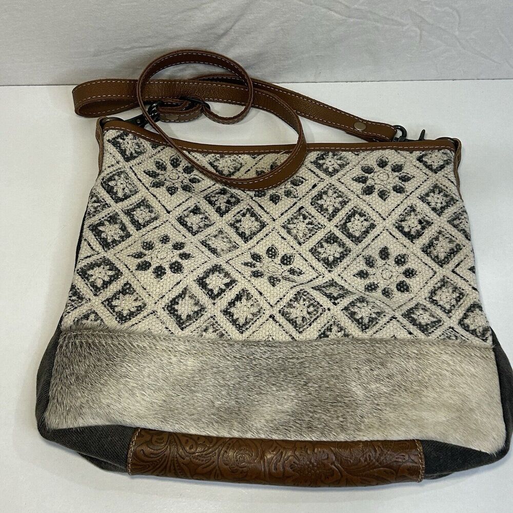 MYRA Bag Tessellated Tapestry‎ Cotton Hairon Tooled Leather Distressed Crossbody